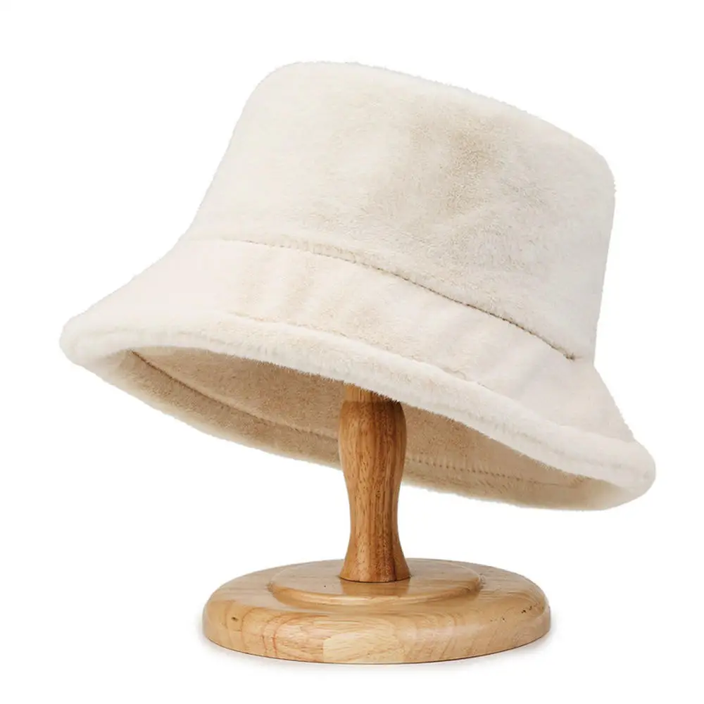 Autumn Winter Warmer Thick Harajuku Bucket Hat Cool Panama Lady Lamb Wool Outdoor Solid Color Fisherman Sunscreen Cap Unisex