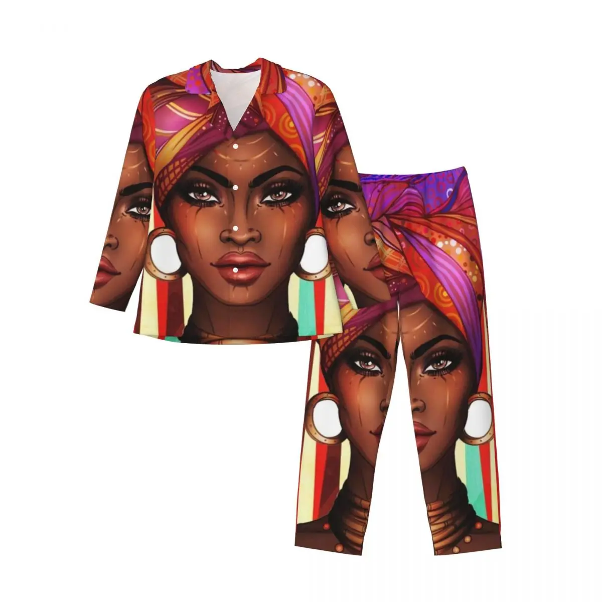 African Women Sleepwear Autumn Stay Strong and Power Retro Oversize Pajama Sets Mens Long Sleeve Kawaii Daily Custom Nightwear