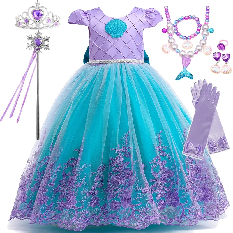 Little Mermaid Princess Cosplay Dress for Girl Embroidery Luxury Dress Fancy Birthday Party Gown Kids Halloween Carnival Costume