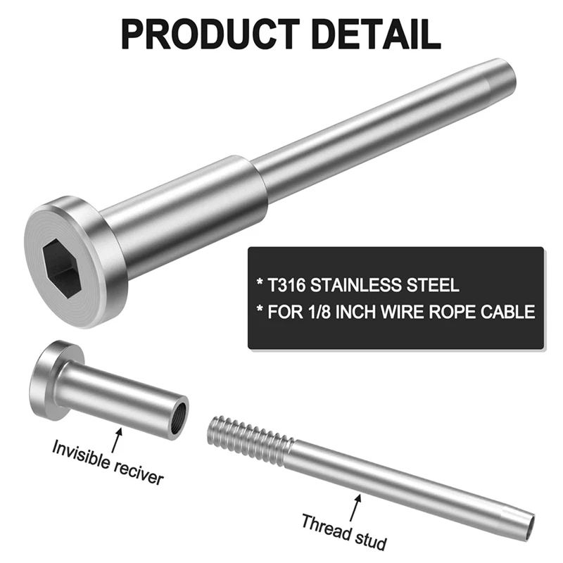 Kit de trilhos de cabo invisível para trilhos de cabo, Swage Stud End, aço inoxidável, T316, 1 8 ", 50 Pack