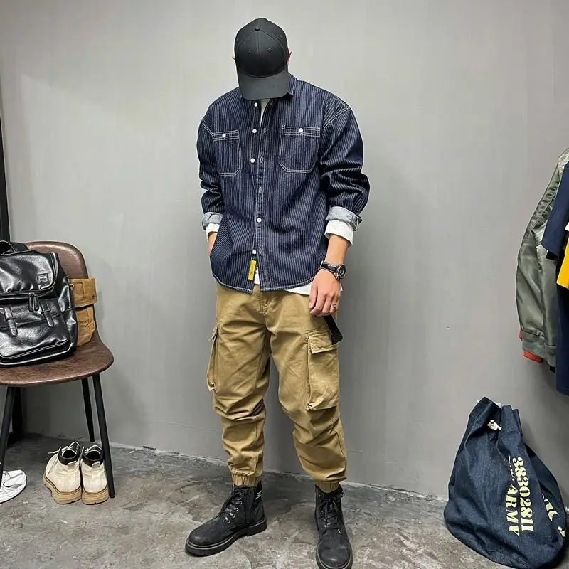 American Retro Loose Shoulder Long Sleeve Striped Denim Shirt Casual Spring Autumn Men's Thickened Jacket Large Size Coat