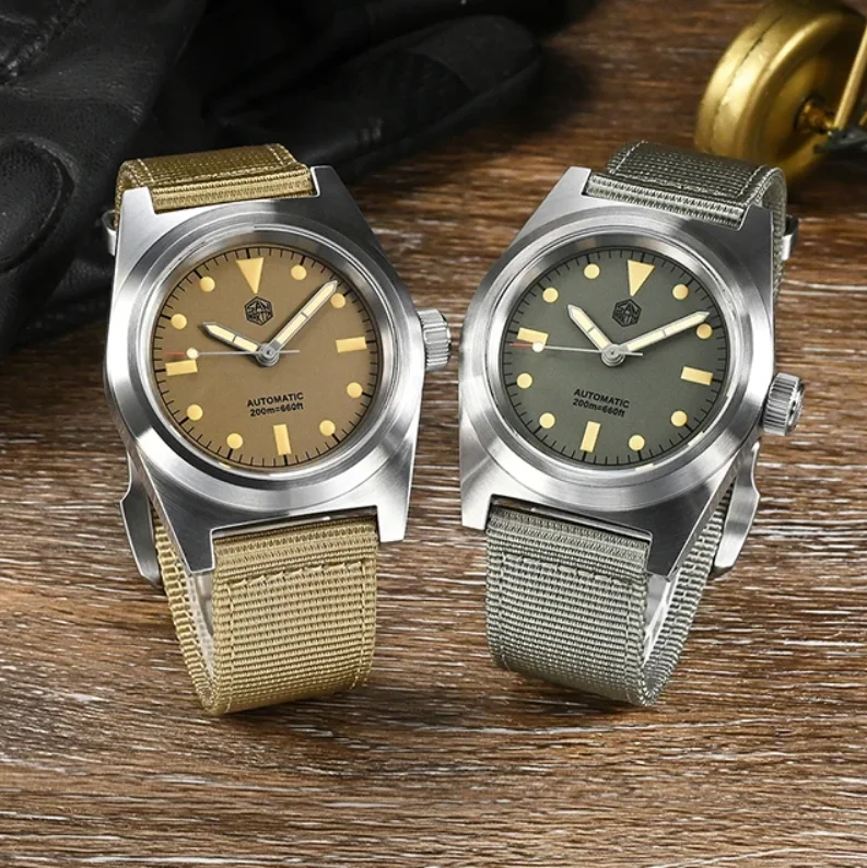 سان مارتن ساعة أوتوماتيكية للرجال 38 مللي متر الطيار العسكري الميكانيكية ساعة اليد 20ATM مقاوم للماء مضيئة الياقوت حزام النايلون YN55