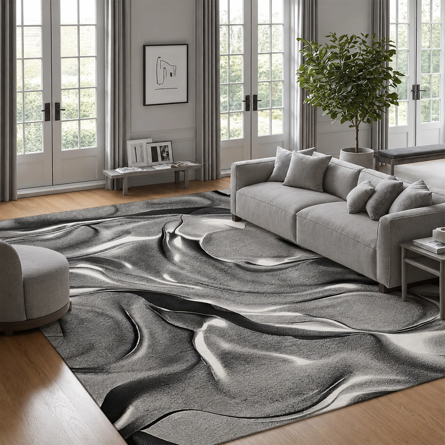 Large Indoor Area Rug, Soft Velvet Low Pile with Non-Slip Dotted Backing, Machine Washable Modern Abstract Liquid Wave Gray Area Rug for Living Room, Bedroom, Home Decor