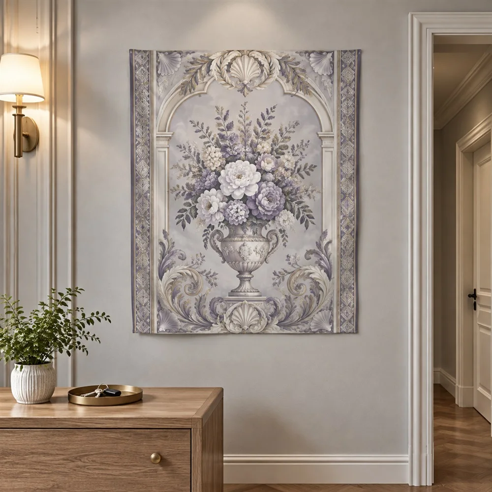 VIKAMA Classic Vase Bouquet Mirror Symmetric Tapestry Wall Hanging, Neoclassical Wall Decor Tapestries for Living Room Bedroom