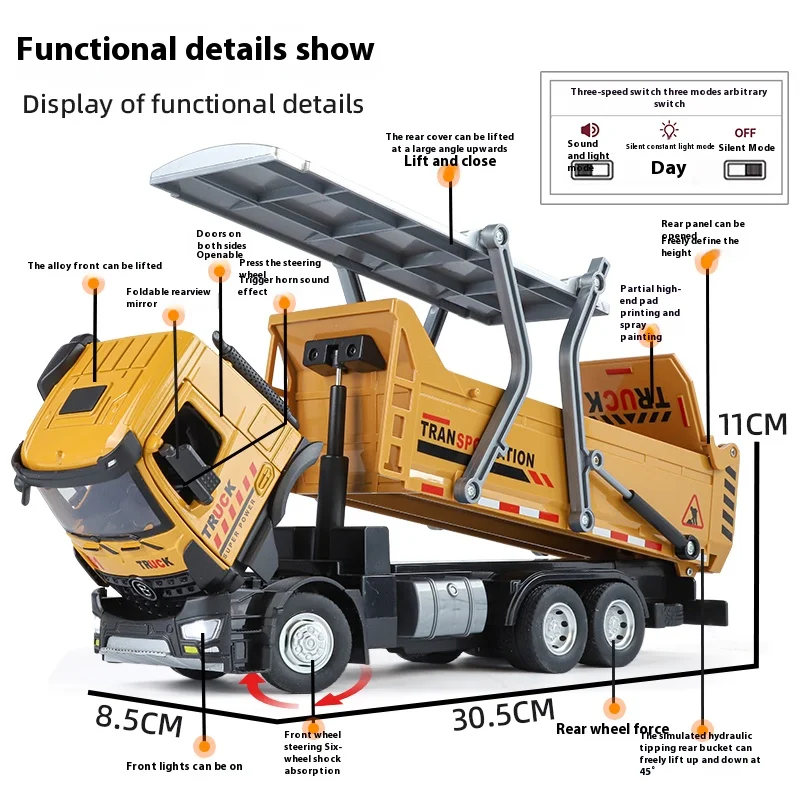 Grande modello di autocarro con cassone ribaltabile pressofuso in metallo, simulazione, suono e luce, veicolo di ingegneria, giocattoli per bambini, regalo di festa