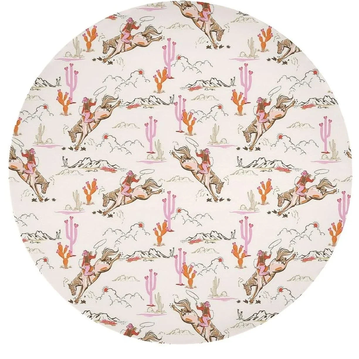 Vintage West Cowboy Round Tablecloth Rustic Wild West Cowboy Ride Horse and Desert Cactus Print Washable Cover for Home
