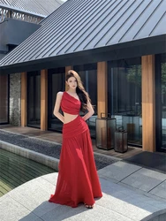 French style Romantic Red White Long Dress High-End Feel Waist-Length Sleeveless Vacation Gown Bohemian Dress