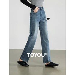 TOYOUTH Women Denim Jeans 2024 Autumn New Washed High Waist Straight Wide Leg Long Pants