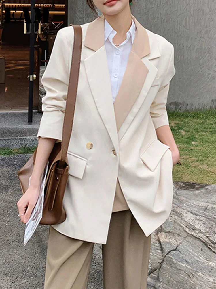 [EAM] Women Beige Double Layers Color-block Big Size Blazer New Lapel Long Sleeve Jacket Fashion Tide Spring Autumn 2024 1DH6243