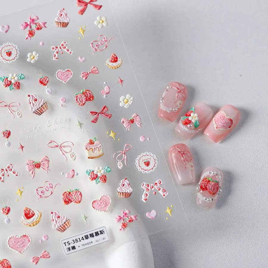 Nail Art Stickers Cute Manicure Decals Lovely Strawberry Muffin Cream Cake Ice Cream Bowknot 5D Embossed Reliefs Self Adhesive