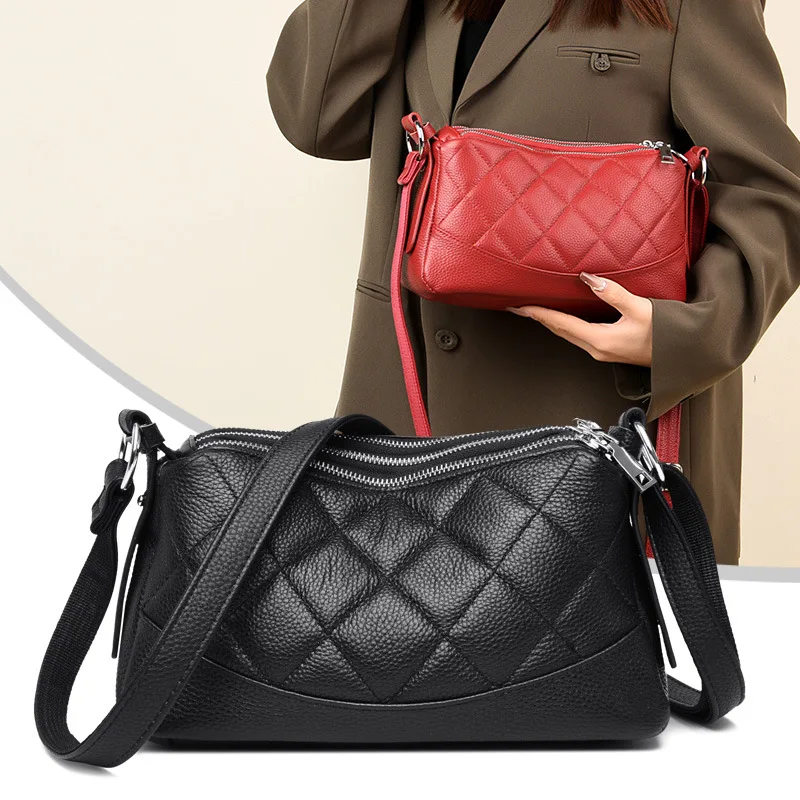 

Real leather triple zipper women's large capacity shoulder bag lightweight Rhombus commuting crossbody bag