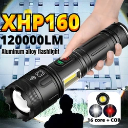 16 Core LED+COB White/red Light Outdoor XHP160 Strong Light Flashlight USB-C Charging Aluminum Alloy with Side Lights LED Torch