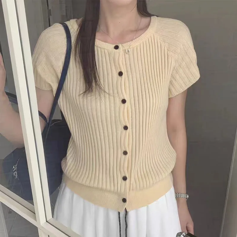 

Fashion Summer Short Sleeve Knitted Sweater Women Cardigans O-Neck White Knit Sweater Cardigan Women Tops Sueters De Mujer Q3734