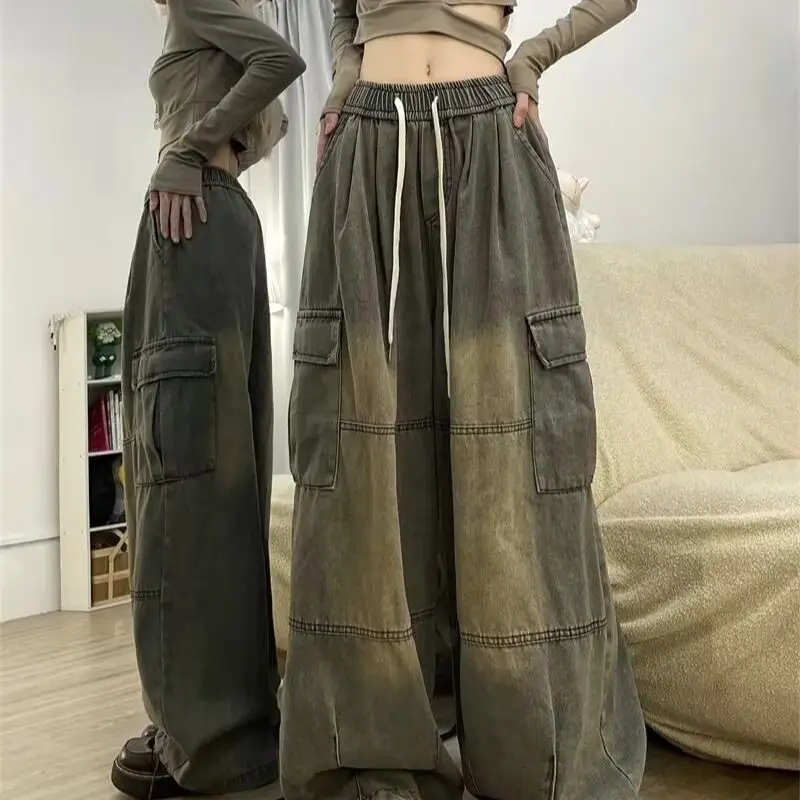 American high street men and women hip-hop retro yellow mud wide leg loose multi pocket workwear jeans trendy casual pants y2k