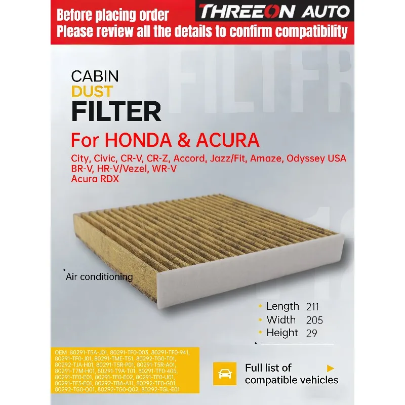 For HONDA CITY 2003-2024, CIVIC X XI 2016-2024, JAZZ FIT 2008-2021, CR-V CR-Z HR-V TOC4080P THREEON Carbon Air Cabin Filter