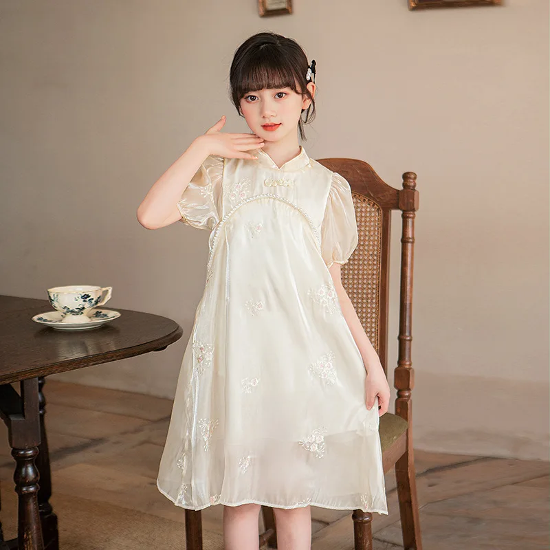 2024 summer Kids Girls Cheongsam Qipao gauze Teenager breathable pearl mesh lace Princess chiffon Dresses Clothing 4 8 14 Years