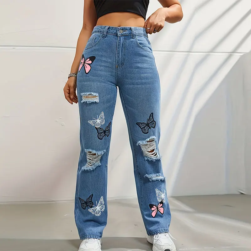 

2025 Summer New Butterfly Print Pair Jeans Women Fashionable Straight High-Waisted Long Style Ripped Torn Design Denim Pants
