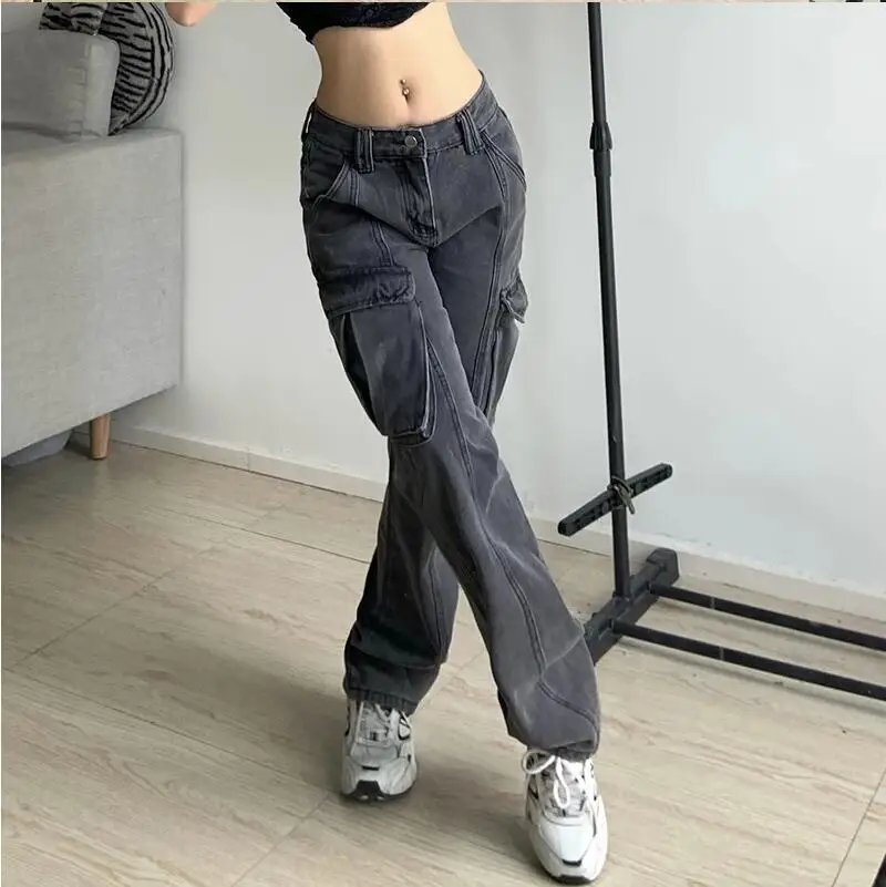 Women Y2k Cargo Jeans 2025 Autumn Big Pockets Vintage Cyber Jeans Hippie Trousers Baggy Pants Chic Straight Emo Bottoms BF