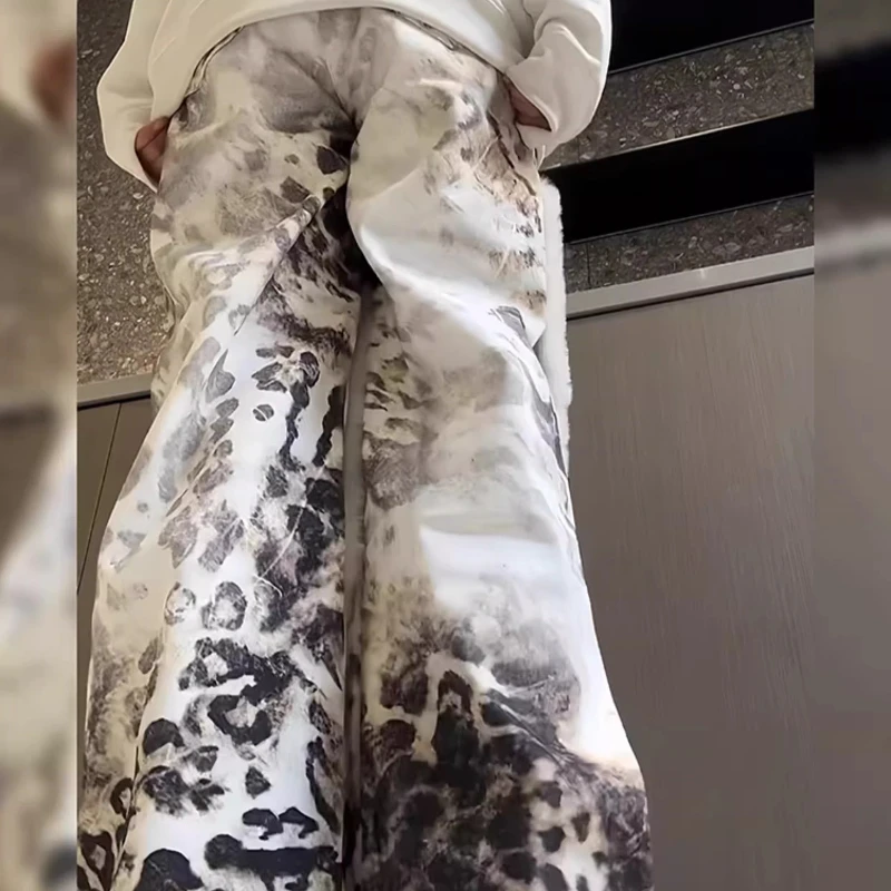 American Retro Design Sexy Leopard Print Women's Jeans Autumn Winter Sweet Cool Street Wool Splicing Floor-Length Pants Ladies