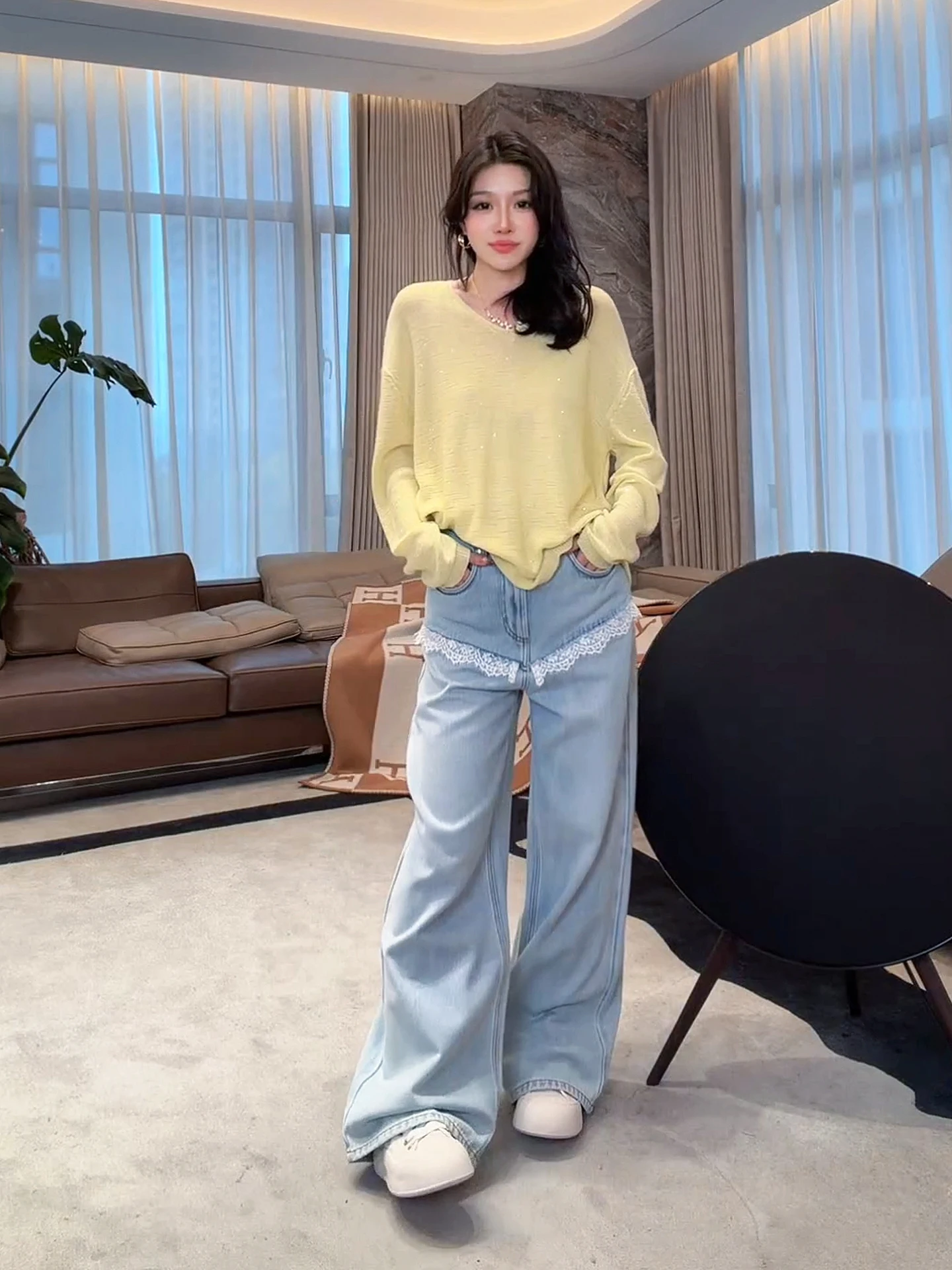 

Женский вязаный свитер из льна от Lao Yang: модный, мягкий, удобный, с длинным рукавом, для повседневной носки весной