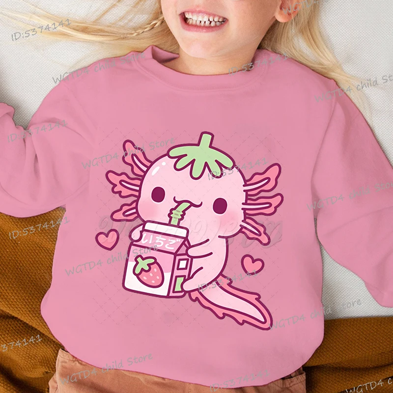 Spring Girls Boys Y2K Sudaderas Cute Axolotl Loves Drinking Strawberry Milk Graphics Pullover Cartoon Axolotl Kids Sweatshirt