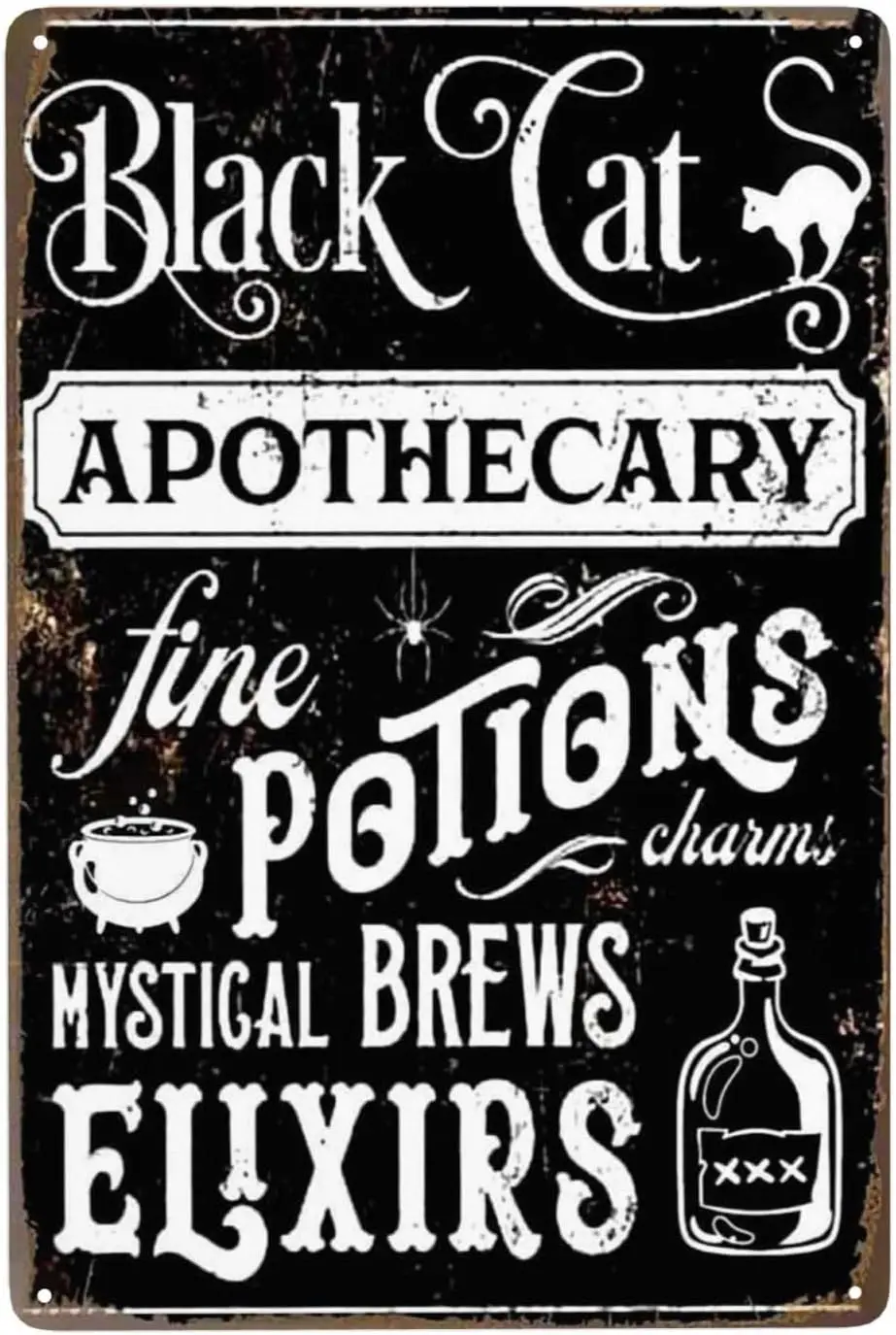 Black Cat Apothecary Fine Potions & Elixirs Holiday Metal Tin Wall Art Rustic Fall Sign Creepy Gothic Halloween Xmas Home B sign