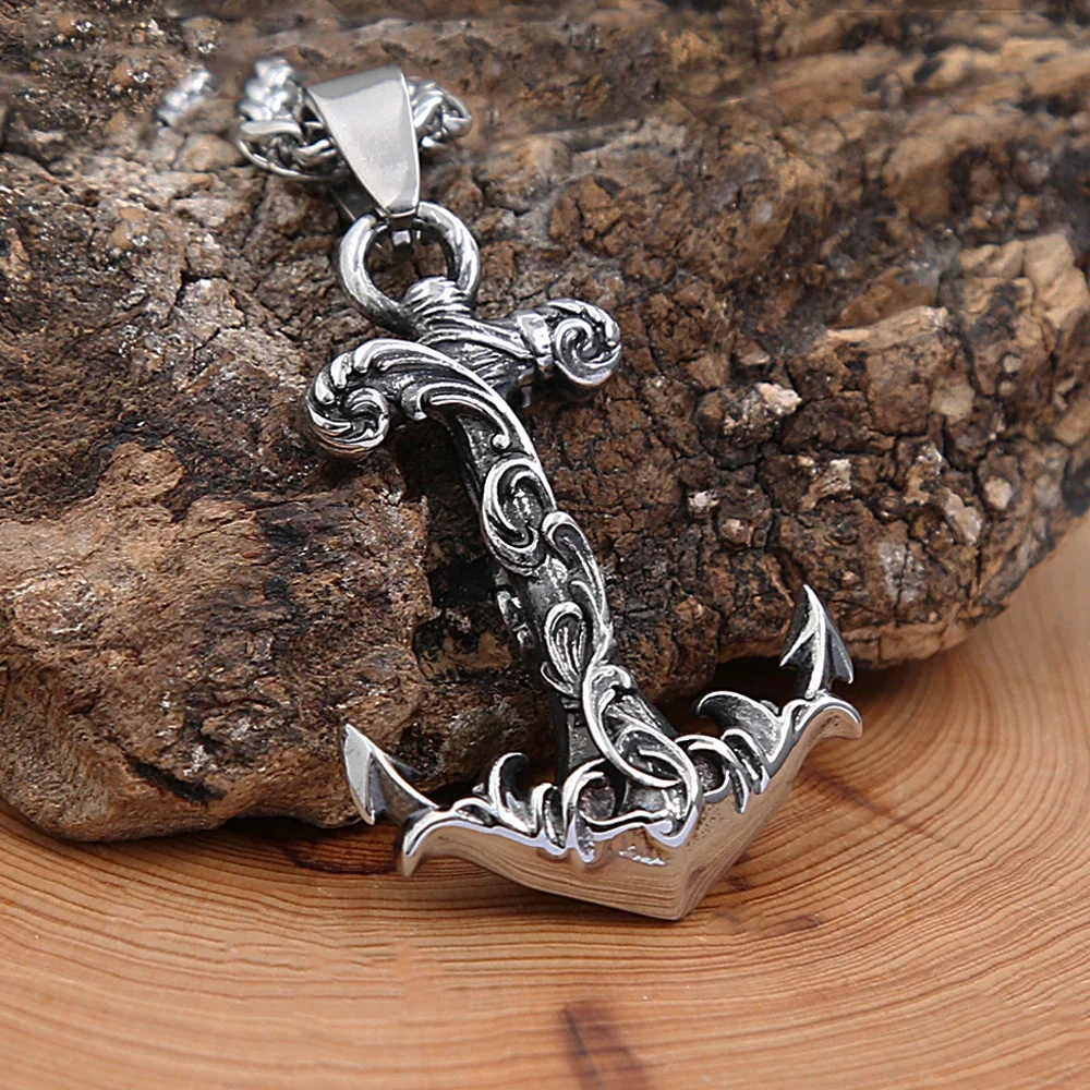 Punk Vintage Stainless Steel Anchor Pendant Necklace For Men Rudder Compass Pattern Pendant Biker Fashion Jewelry Gift Wholesale view 2