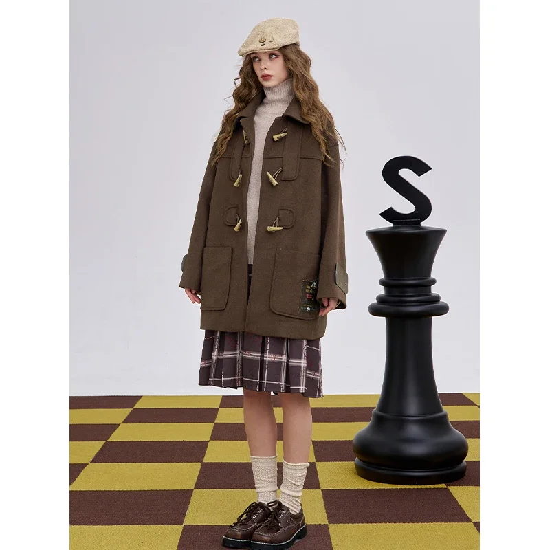 ELFSACK Casual Horn Toggle Button Lapel Wool Blend Coat For Woman