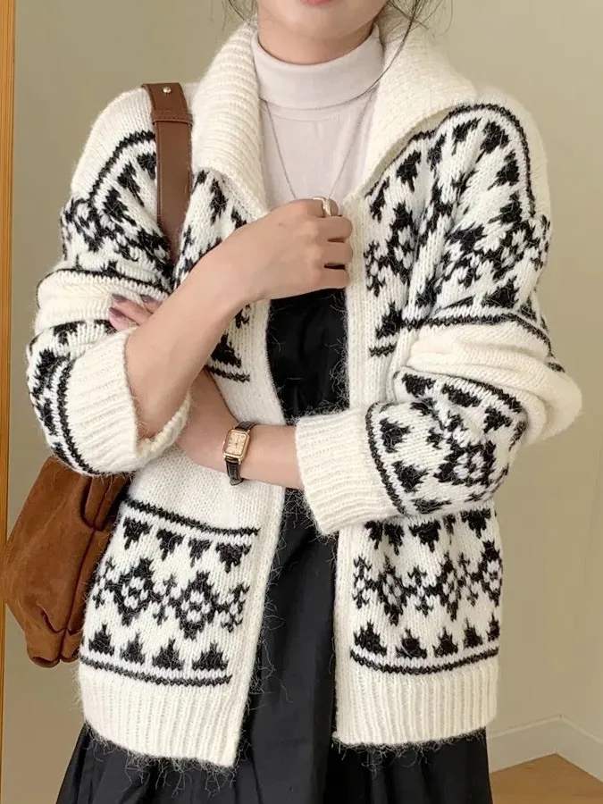 

Korean Sle Winter New Retro Color Blo Zipper Knitwear Women Faionable Lazy Sle Sweater Coat Thiened Cardigan