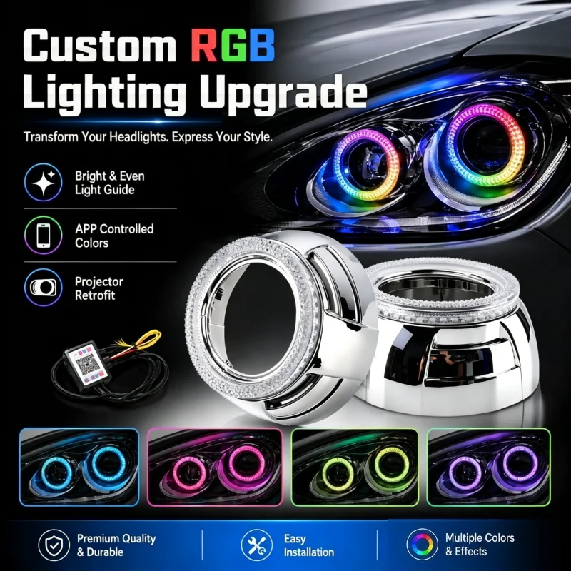 5D APP Control 3.0inch RGB LED Angel Eyes Headlight Shroud For Hella Koito Q5 Bi-LED Projector Lens Mask Cover 12V 24V