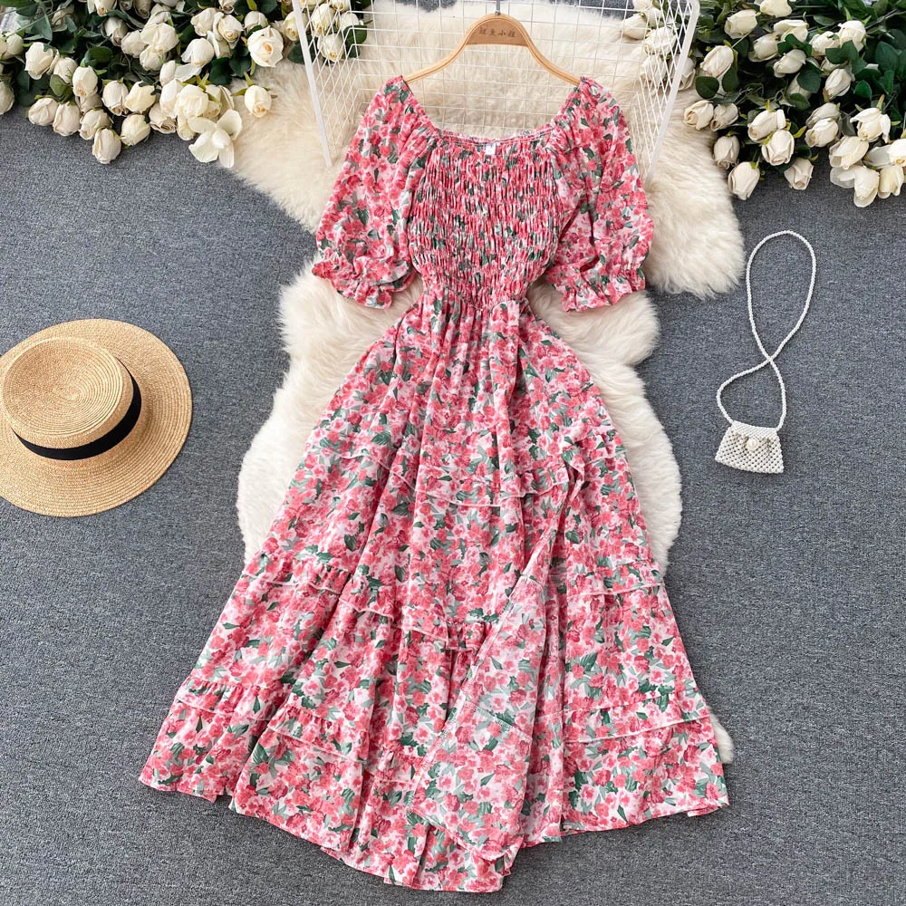 YuooMuoo-vestido largo estampado con cintura elástica para mujer, con abertura en forma de A prenda de vestir, manga abombada, Estilo Vintage, ropa de playa para verano