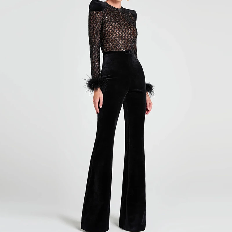 Luxury Lattice High Waist Wide Leg Long Jumpsuit Women Patchwork Velvet Slim Party Rompers 2025 Long Sleeve Feather Combination