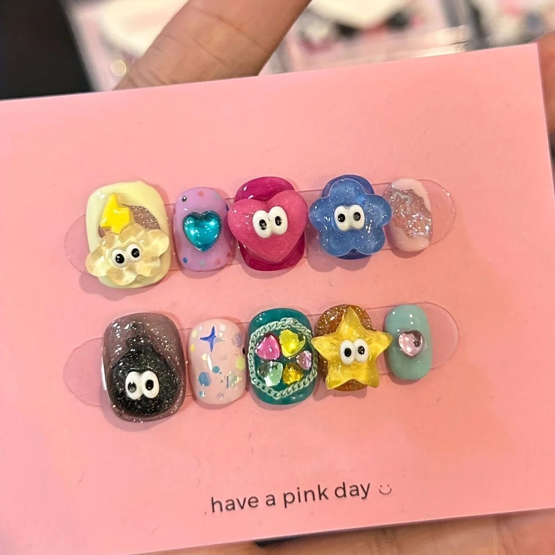 10pcs Cute candy-colored three-dimensional clouds, five-pointed stars and starfish handmade fake nails