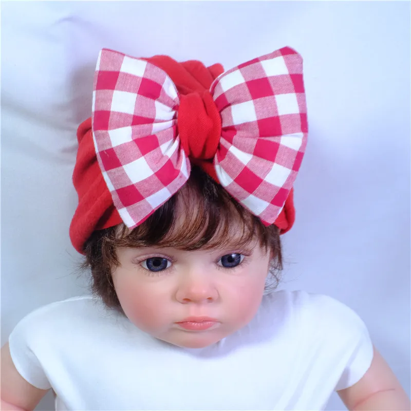 Gorro Fetal a cuadros para bebés y niñas, gorro de cabeza de cúpula con lazo grande, turbante indio a juego, accesorios