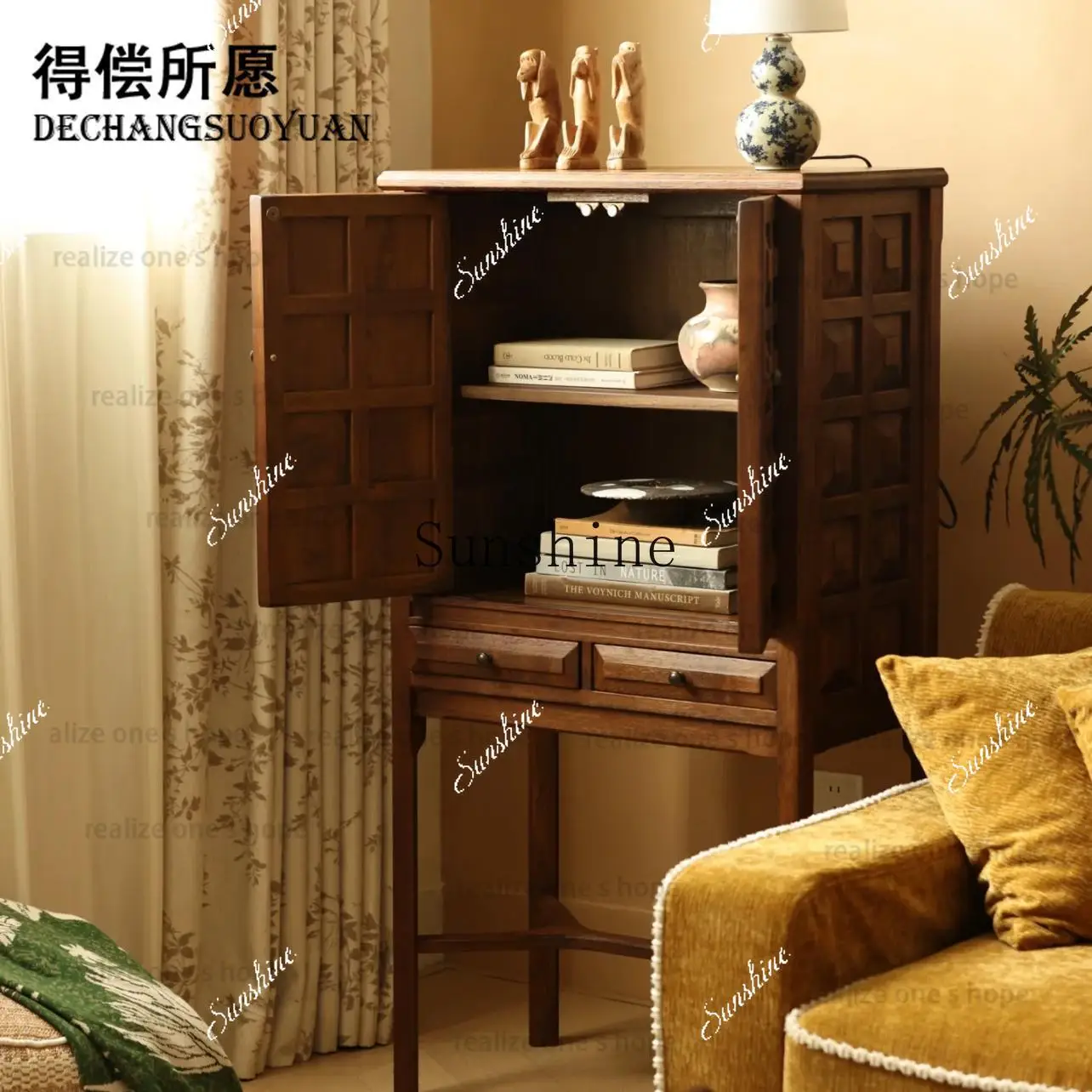 

French retro solid wood dining edge decoration square wine cabinet entrance storageP