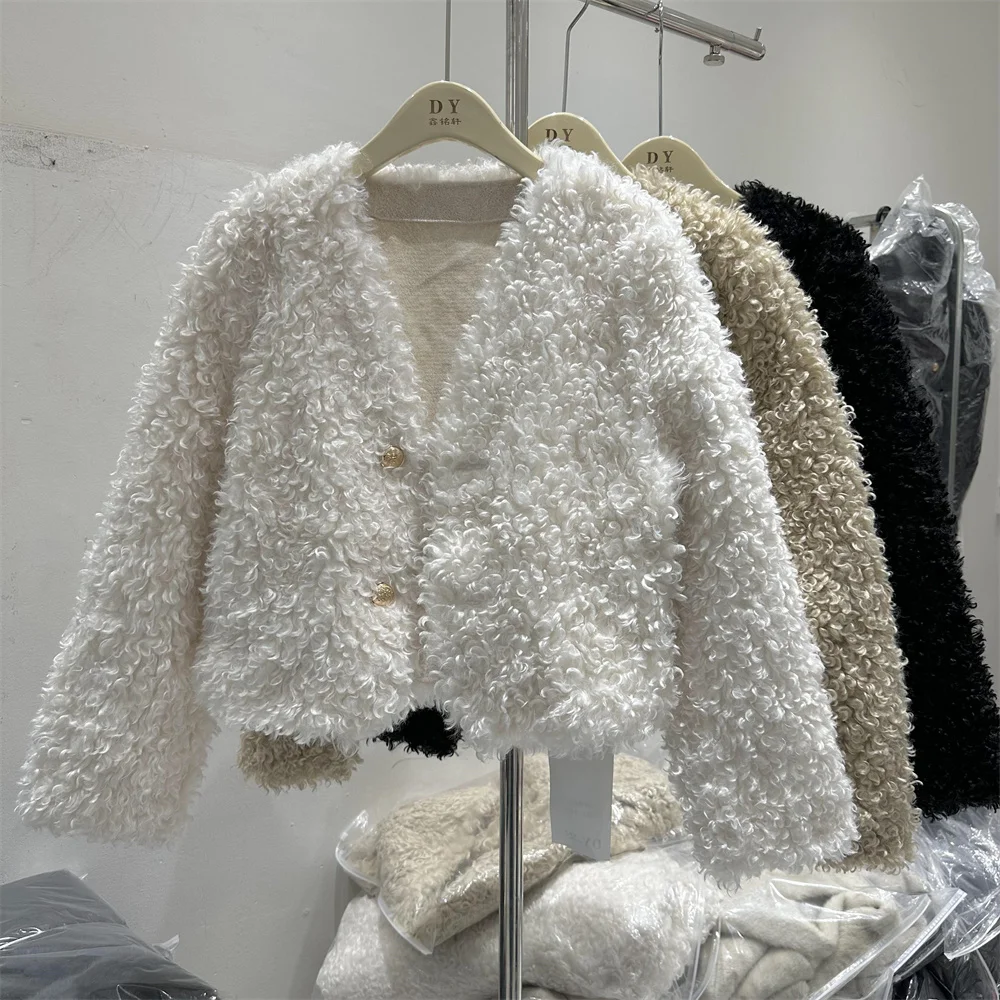 

Женское осенне-зимнее свободное короткое пальто из искусственной шерсти с v-образным вырезом, женская уличная одежда, пушистая верхняя одежда из искусственного меха с длинными рукавами, топ