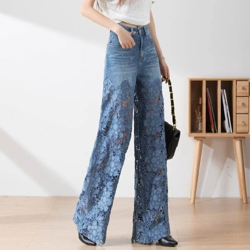 

Women Denim Pants Jean High Waist Jeans Lace Spliced Washed Loose Vintage Wide Leg Trousers Pockets Zipper Fly Full Length