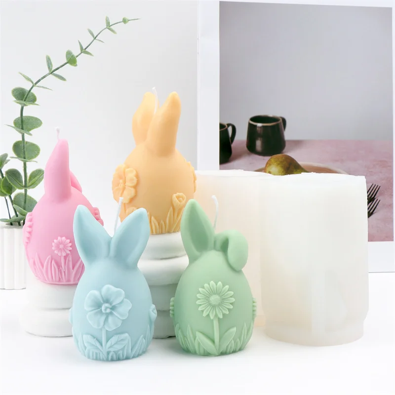 3D-Osterhasen-Ei mit Blumen, Silikon-Kerzenform, DIY-Kaninchenohr, rundes Ei mit Gänseblümchen, Hibiskusblüten, Kerzen, Gipshandwerk