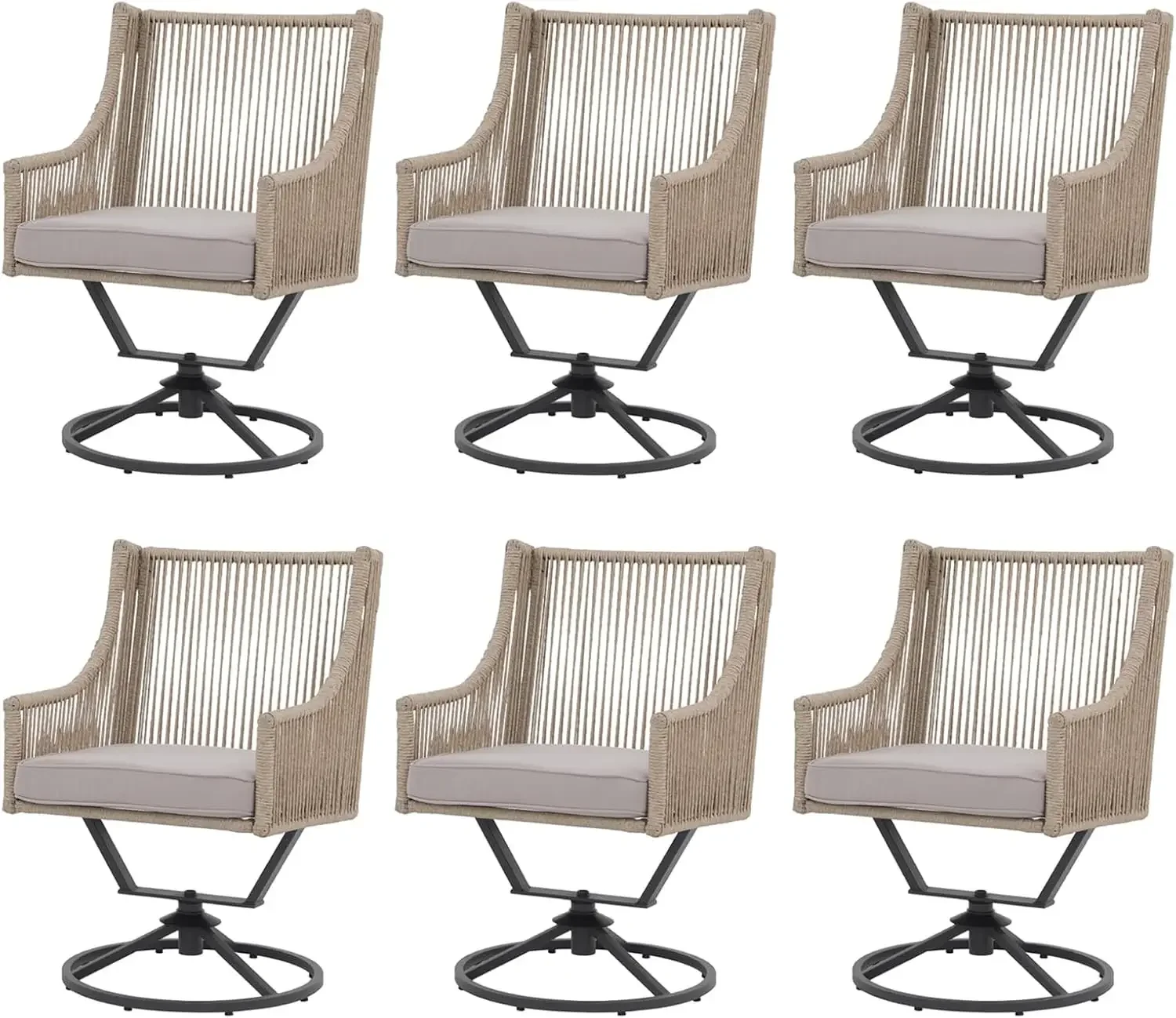 Outdoor Swivel Dining Chairs Set of 6, Wicker All-Weather Rattan Chairs with Cushions for Lawn & Backyard (Tan/Light Gray)