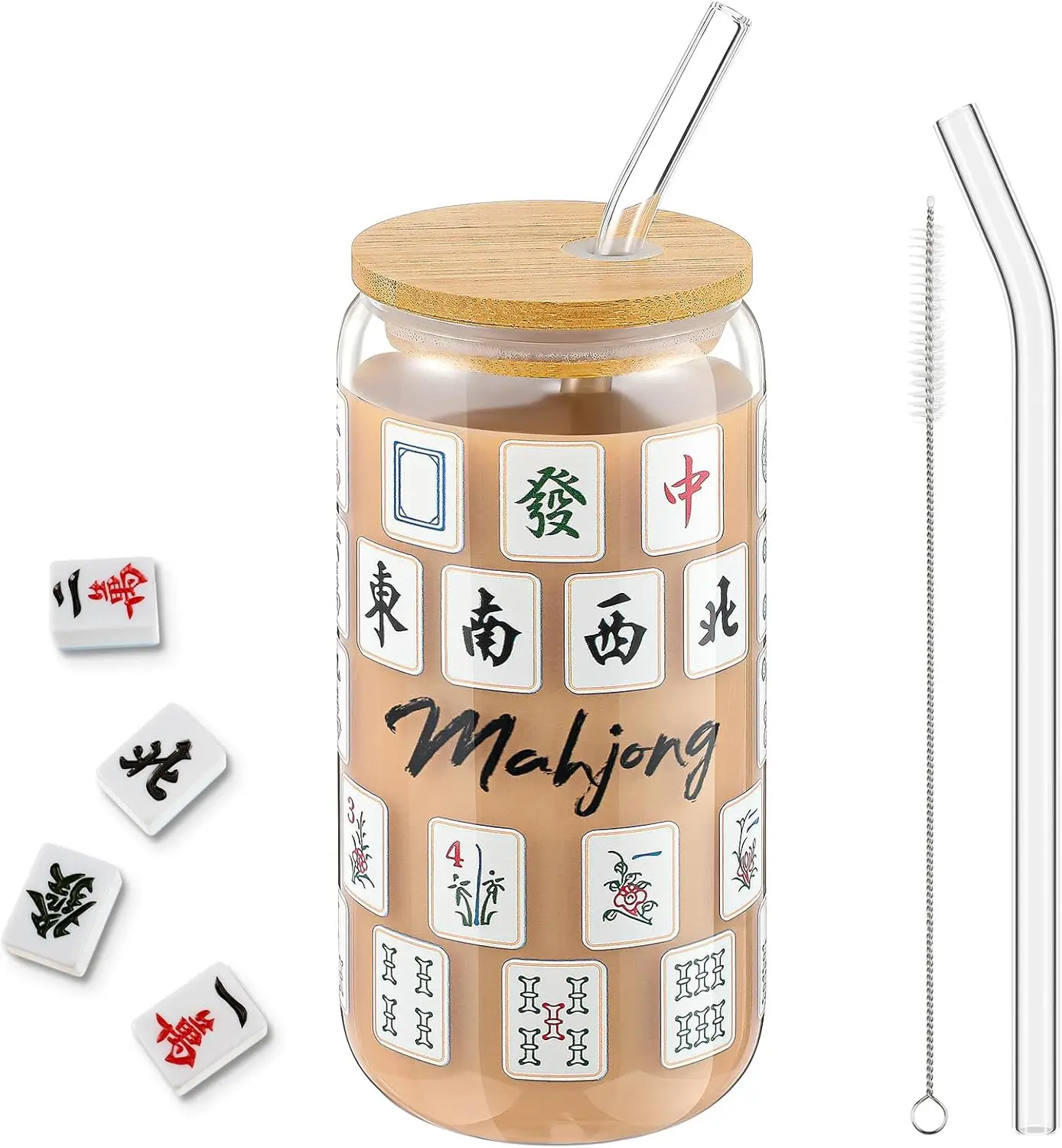 

Подарочная стеклянная чашка для маджонга с крышкой и соломинкой, дорожная кофейная кружка, 16 унций, чашка для воды для любителей маджонга, мамы, Рождества, дня рождения