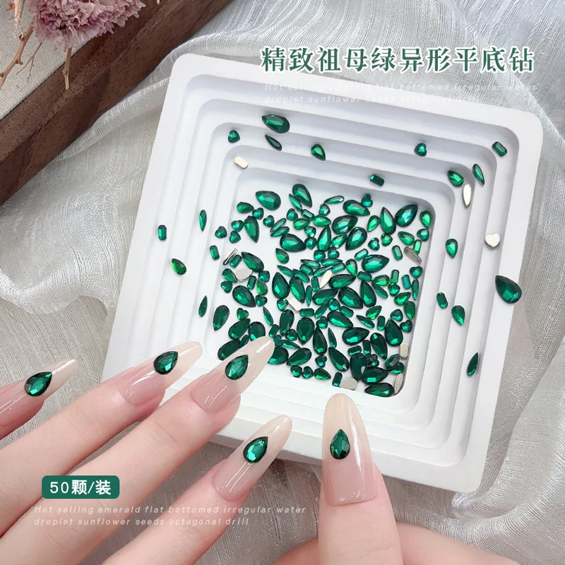 Brilhante esmeralda octogonal amor coração gota de água cavalo olho verde strass fundo plano arte do prego broca acessórios decorações