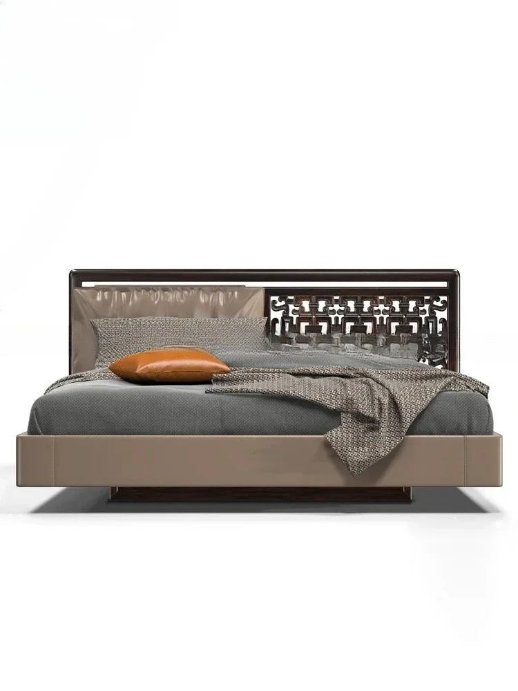 Modern pure solid w ood lig ht luxury solid wood be d carved do uble b ed villa m odel room  ma ster