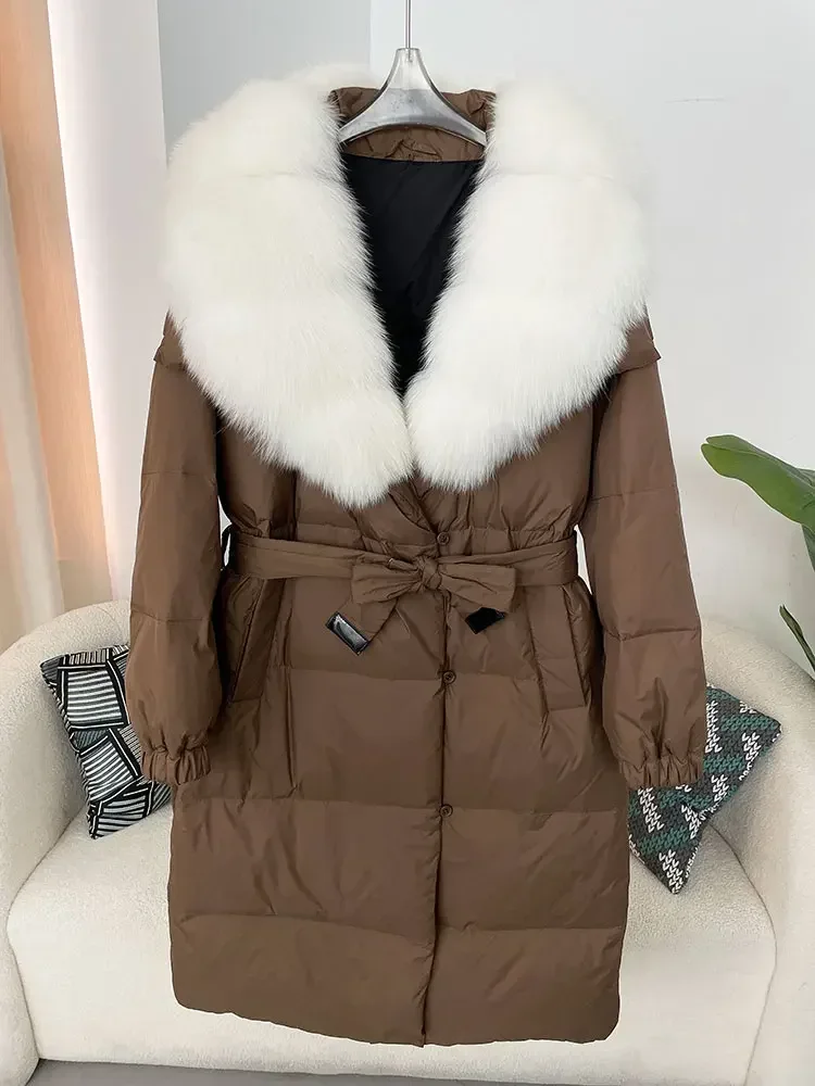 MENINA 2024 Winter Jacket Women Natural Real Fox Raccoon Fur Collar 90% White Duck Down Coat Thick Warm Belt Casual Outerwear