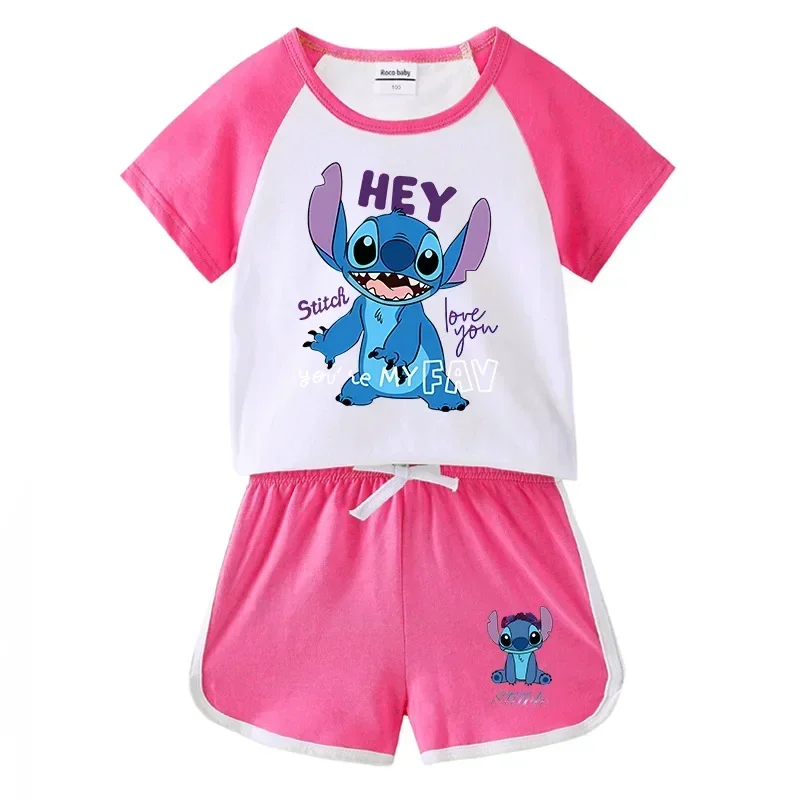 Disney Mickey Mouse Kids Summer New Stitch Short Sleeve Shorts Suits Boys and Girls Baby Hot Pants T-Shirts Casual Sports Suits