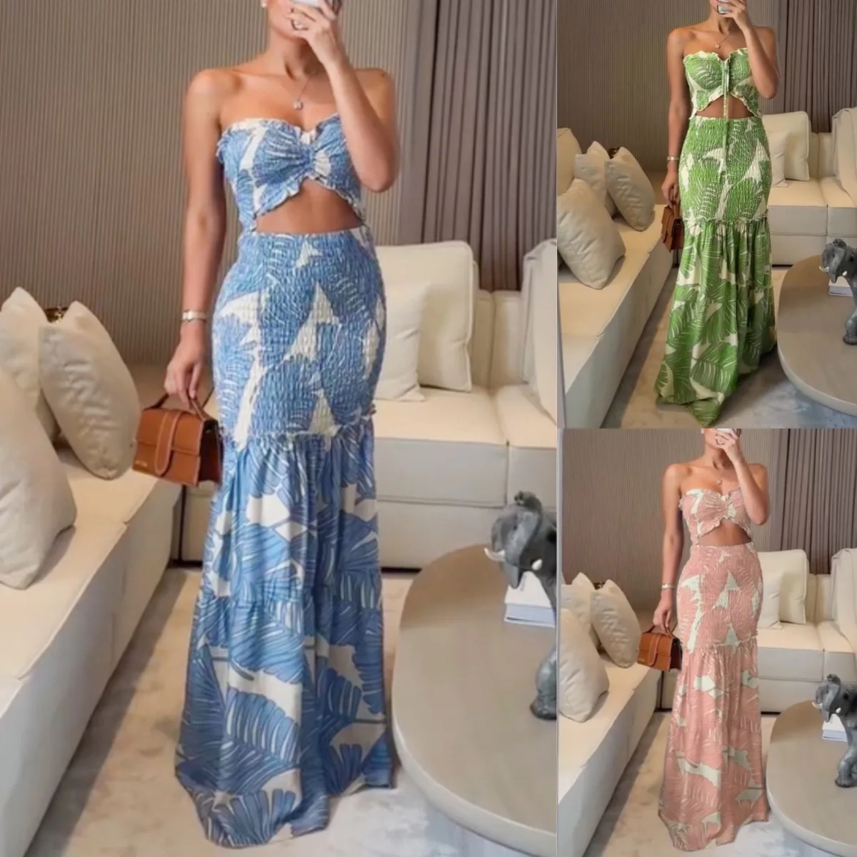 Damen-Kleid, ärmellos, bedruckt, gerüscht, geraffter Rüschenbesatz, Bandeau-Rüschen, Meerjungfrau-Kleid, lässig, Schnürung, Urlaub, Hüftrock