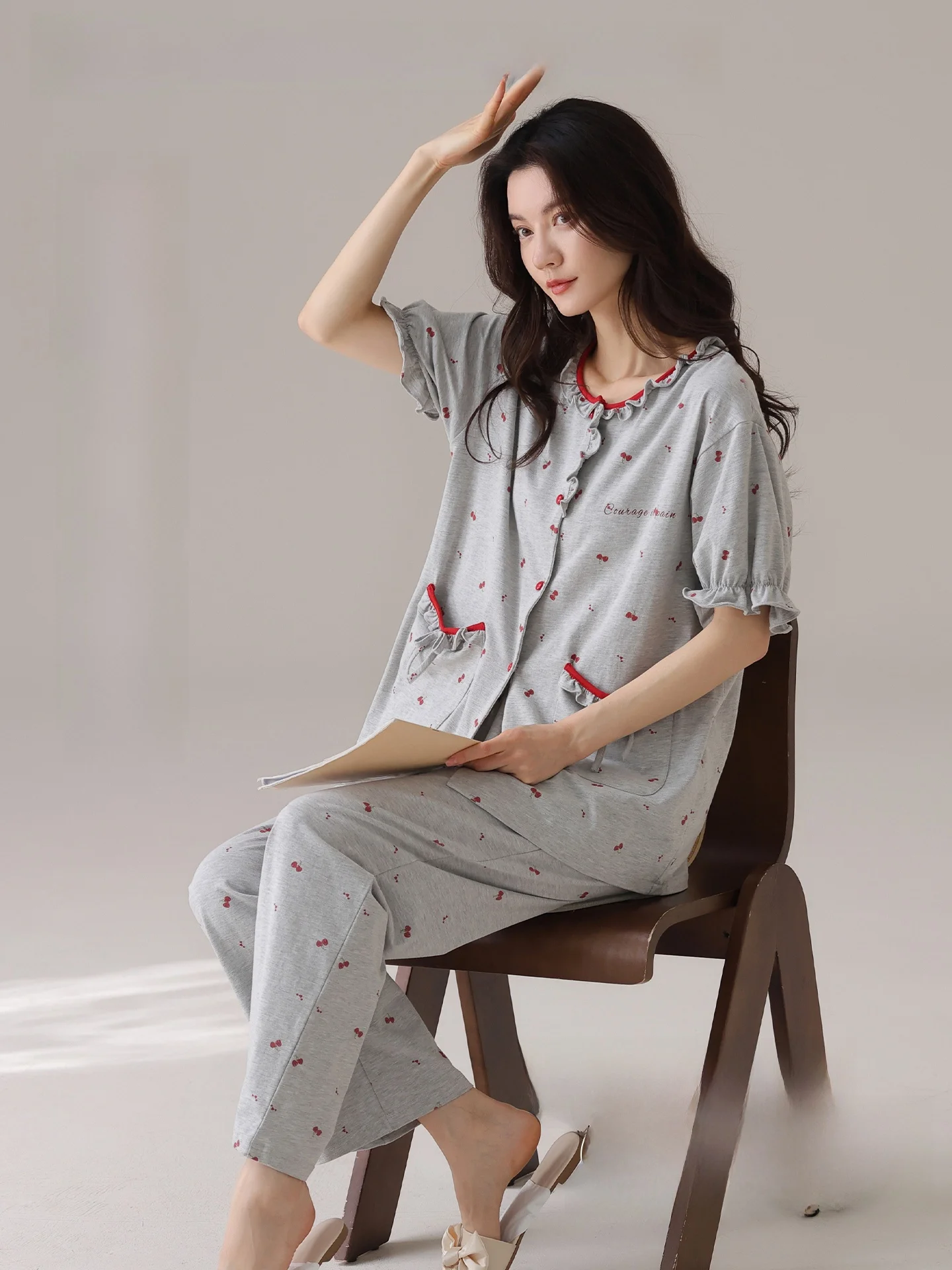 pure-cotton-sleepwear-women's-style-2026-new-summer-thin-cardigan-short-sleeve-long-pants-can-be-worn-outside-home-clothes-set