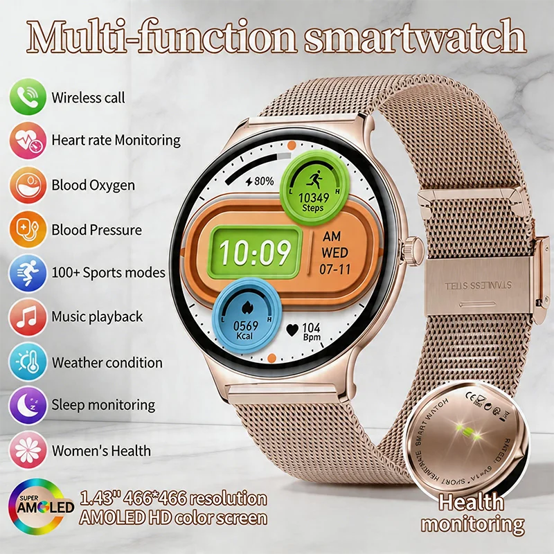 

Women Health LIGE Smart Watch Ladies Fitness Tracker 1.43'' AMOLED Call Reminder Bluetooth Calling Ultra Thin Durable Smartwatch