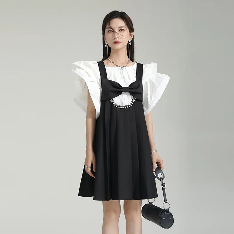 Japan Vintage Fashion Pleated Sleeveless Women Balck Dress A-line Bow Beading Tank Robe 2024 Early Autumn New Elegant Vestidos