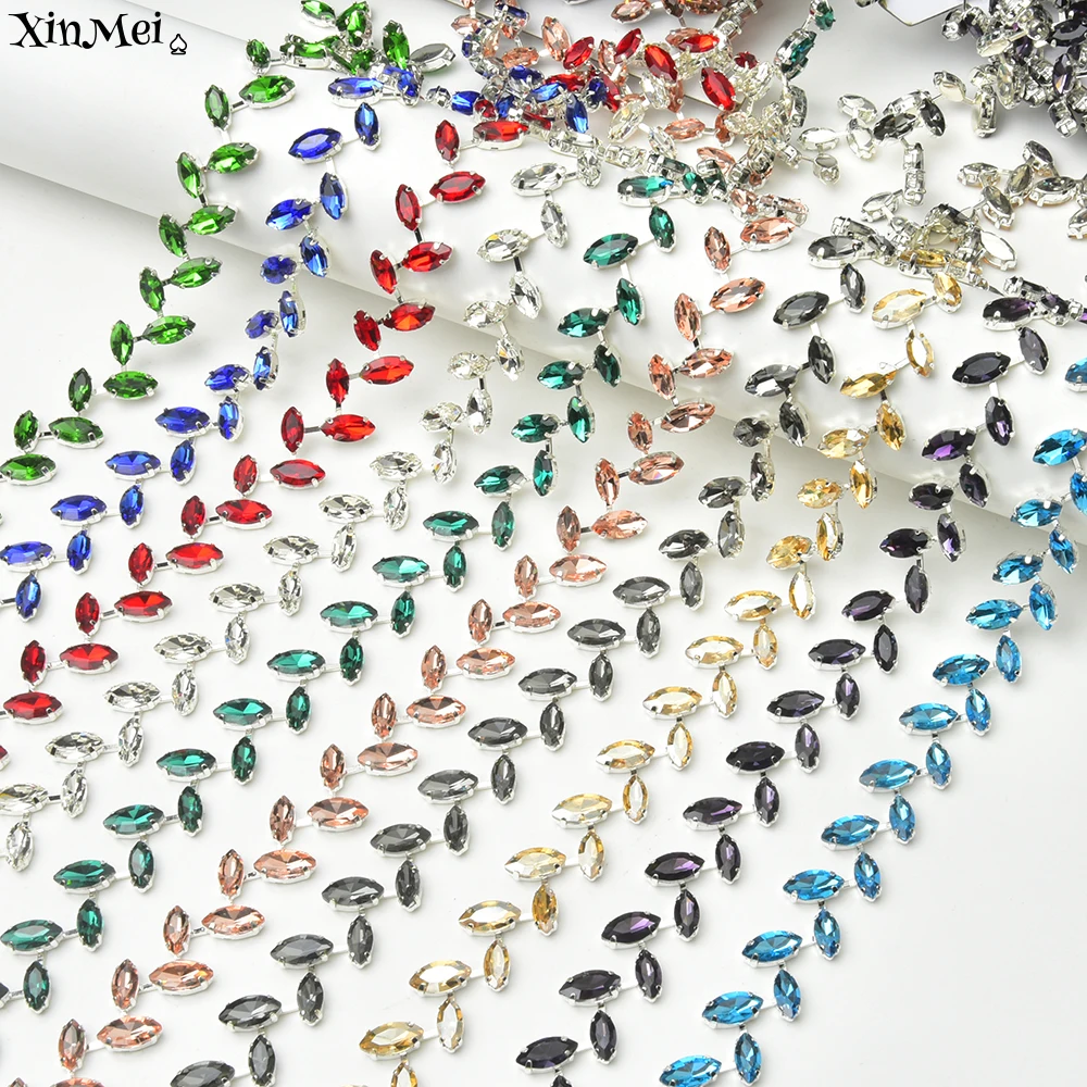 Fashion Glass Rhinestone Chain Trim Sew on Clothes Shoes Decoration Crystal Leaf Shape Applique Ribbon DIY Wedding Accessories