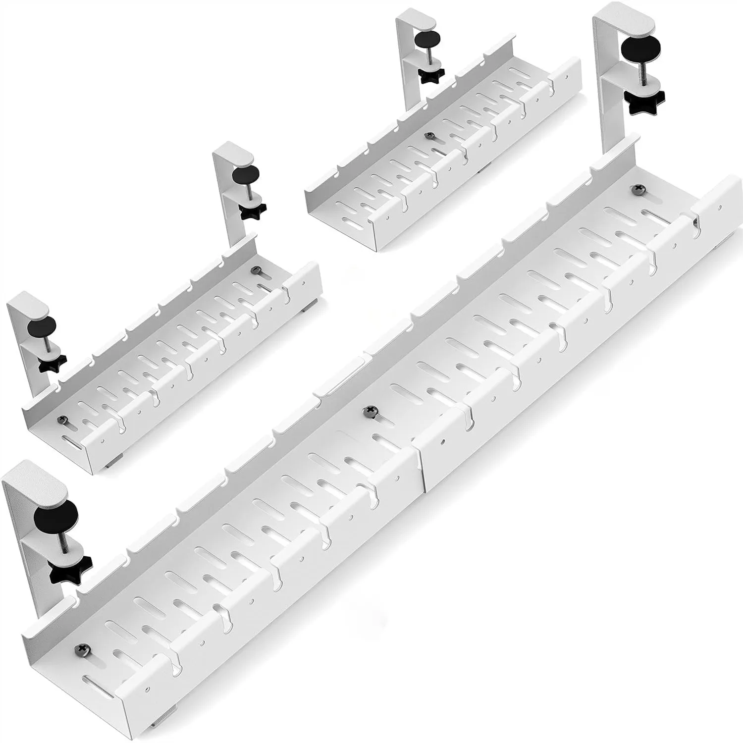 

Under Desk Cable Management Tray, No Drilling Metal Clamp-On Cord Holder, Retractable Power Strip Organizer 31Inch 2 Pack White